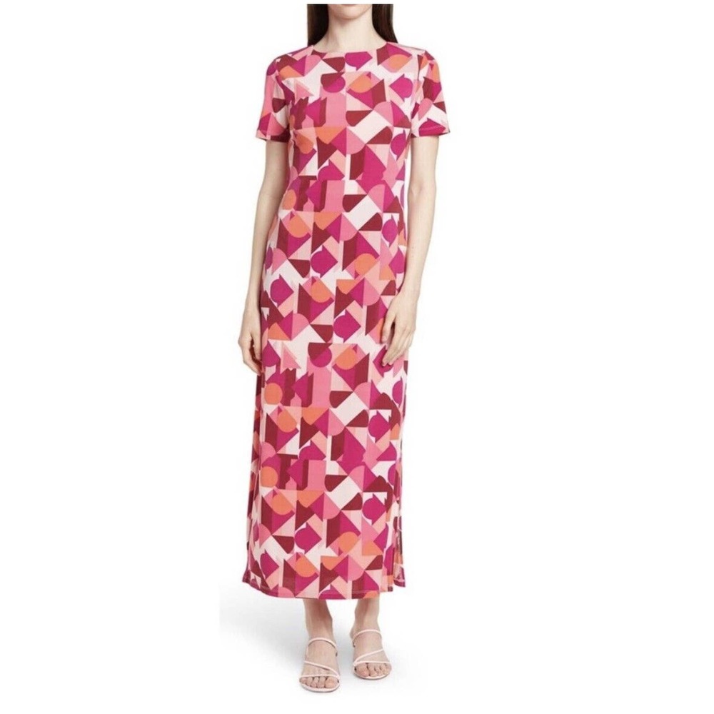 Donna Morgan Maxi Dress Size 10P Abstract Jewel neck Short Sleeve Jersey Stretch